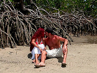 Hardcore pussy drilling with a fiery redhead Marcia at the beach
